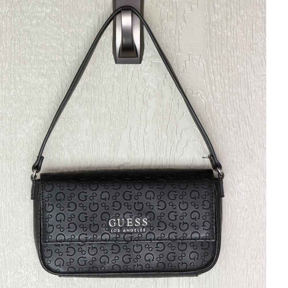 Guess Los Angeles Black Embossed Logo Shoulder Bag Baguette Purse